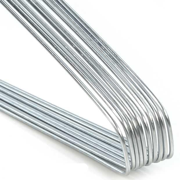 Close-up of a bundle of silver wire shirt hangers