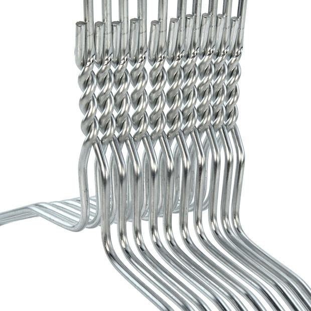 Close-up of twisted necks on stacked wire shirt hangers