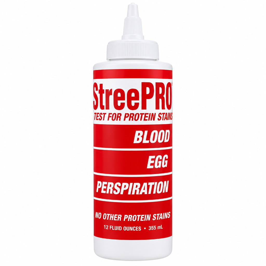StreePro 12 oz squeeze bottle with red label listing blood, egg and perspiration stains