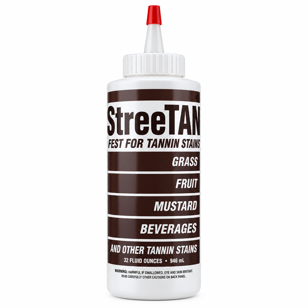 StreeTan 12 oz squeeze bottle with brown label listing grass, fruit, mustard and beverage stains