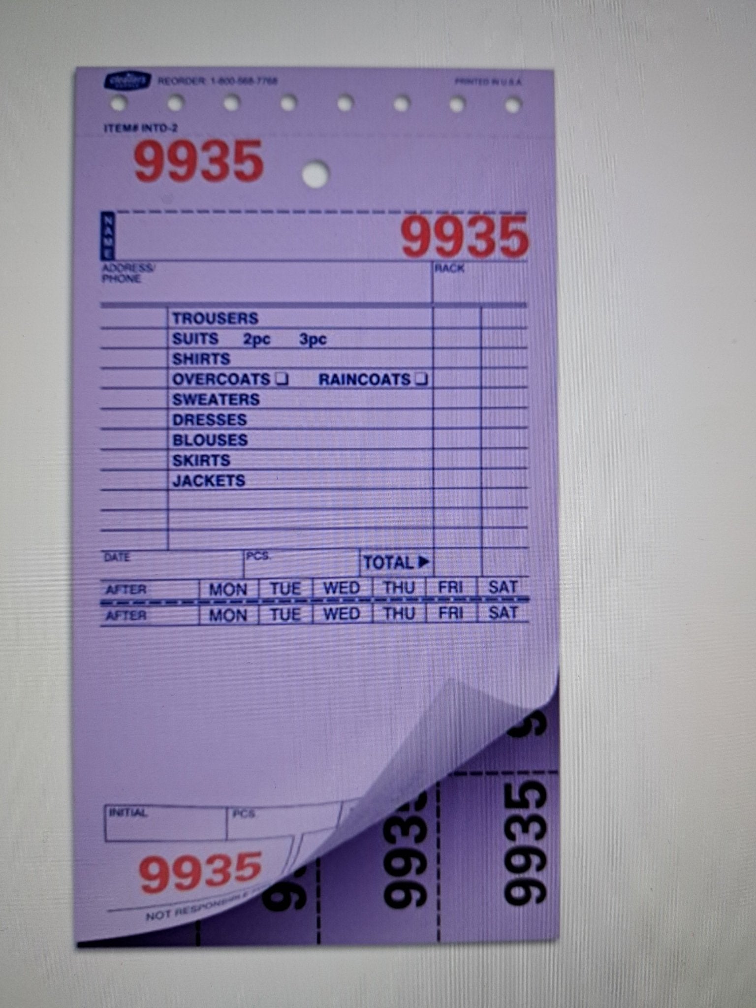 TKVL - 602 Tickvoices - 2 Bond 3 - Part Dry Cleaning Form